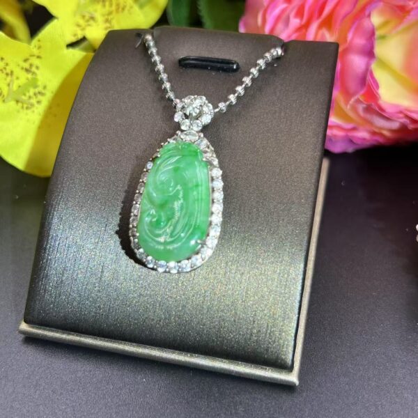 [Ciyuantang] Imperial Green Jade Ruyi Necklace｜Diamond-Embedded Silver Base｜Buddhist Protective Amulet Five Elements Energy Jewelry Career Success Auspiciousness Wealth Abundance - Image 4