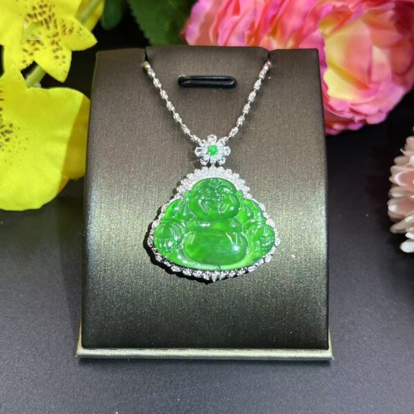 [Ciyuantang] Ice Green Jade Maitreya Buddha Necklace｜Silver Base with Diamond Inlay｜Buddhist Protective Amulet Five Elements Energy Jewelry Fortune Attraction Career Success Auspiciousness - Image 5
