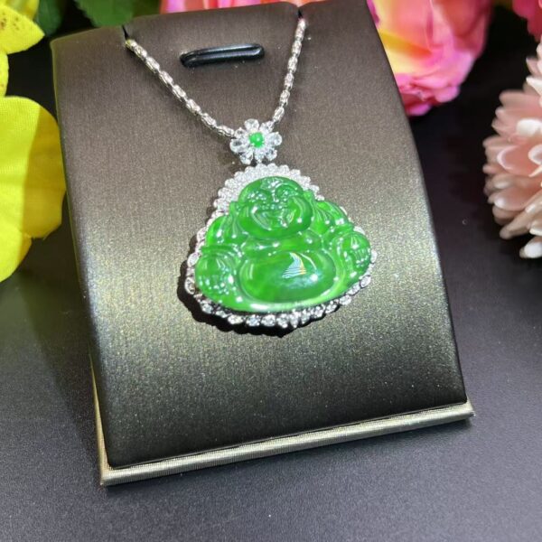 [Ciyuantang] Ice Green Jade Maitreya Buddha Necklace｜Silver Base with Diamond Inlay｜Buddhist Protective Amulet Five Elements Energy Jewelry Fortune Attraction Career Success Auspiciousness - Image 4