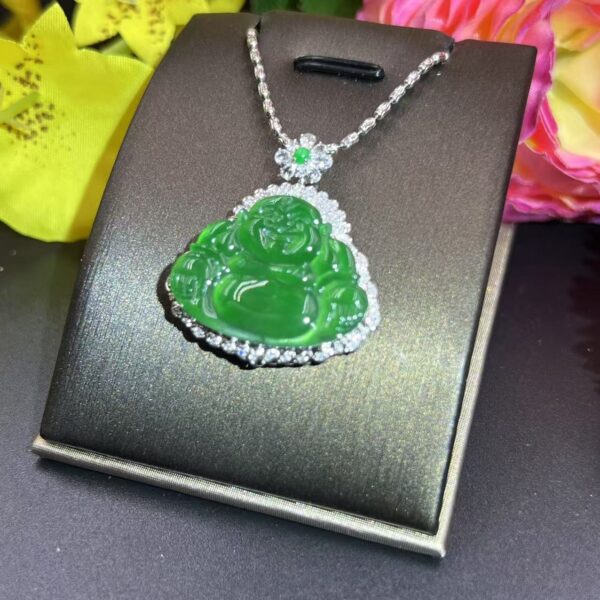 [Ciyuantang] Ice Green Jade Maitreya Buddha Necklace｜Silver Base with Diamond Inlay｜Buddhist Protective Amulet Five Elements Energy Jewelry Fortune Attraction Career Success Auspiciousness