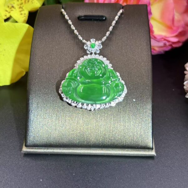[Ciyuantang] Ice Green Jade Maitreya Buddha Necklace｜Silver Base with Diamond Inlay｜Buddhist Protective Amulet Five Elements Energy Jewelry Fortune Attraction Career Success Auspiciousness - Image 3