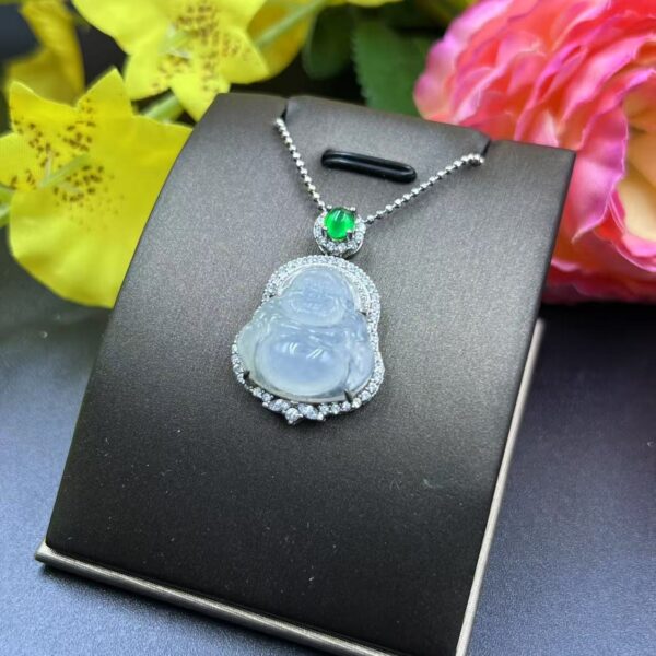 [Ciyuantang] Ice Green Jade Maitreya Buddha Necklace｜Diamond-Inlaid Silver Base｜Emerald Green Oval Facets｜Buddhist Protective Amulet Five Elements Energy Jewelry Fortune Attraction Career Success Auspiciousness - Image 3